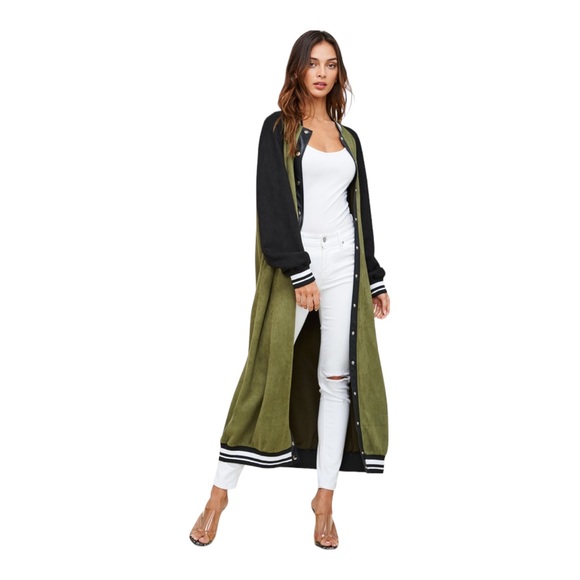 SoNo Chic Varsity Faux Suede Green Maxi Front Snap Jacket - Picture 11 of 14